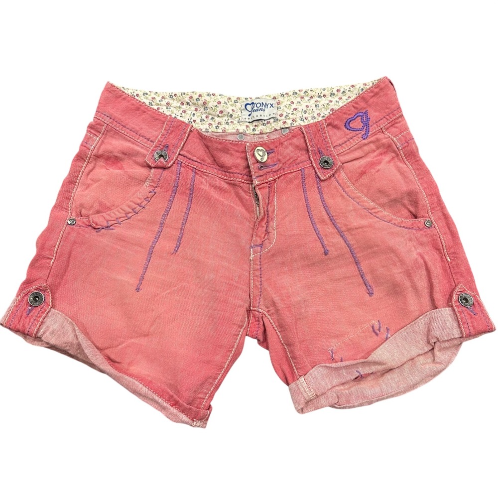 Onyx Jeans Pink Denim Shorts Size 28 Made in Italy Y2K Heart Detail Cuffed Hem